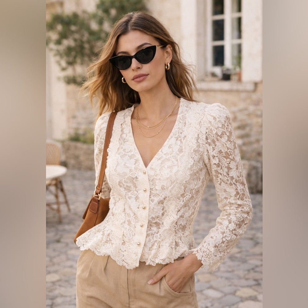 Cachet Beri Protas vintage Cream white Lace Blouse Pearl button down fitted 9/10